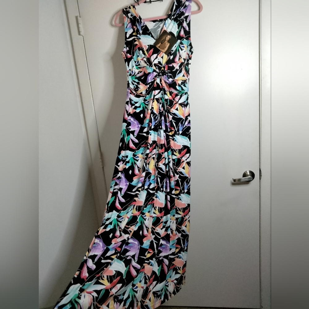 Iman (Size L) Multicolored Floral Stretch V-Neck Sleeveless Maxi Dress (NEW-NWT)